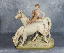 Rare Antique Royal Dux Bohemia Porcelain Girl Riding & Leading Horse Centrepiece