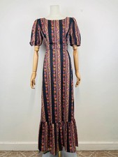 Vintage 70s Black Multicoloured Floral Folk Stripe Prairie Maxi Dress 10