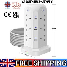 Extension 12 Way Tower Power Lead USB Multi Socket Surge Protect Socket UK Ship