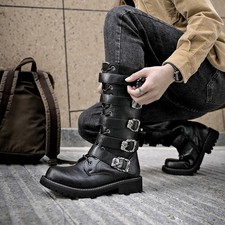 Men's Punk Rock Shoes Buckle Strap Zip Gothic Mid Calf Boots Motorcycle Riding