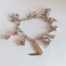 Vintage Sterling Silver Charm Bracelet & 10 Charms Inc Pen Knife & HourGlass 33g