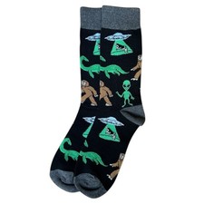 UFO, ALIEN, BIG FOOT AND LOCH NESS MONSTER MENS BLACK PAIR OF NOVELTY SOCKS