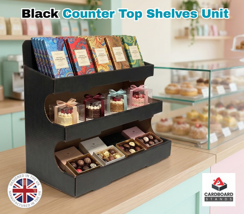 Black shop counter top - top, shelves
