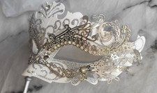  Elegant Silver & White Masquerade Mask with Handle – Venetian Style Party Ball