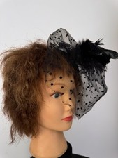 Elegant Black Fascinator With Birdcage Veil Bow With Feathers Faux Pearl Centre