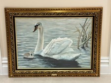 "Mute Swan" by Gordon C. Turton - White Swan & Cygnet Painting in a Gilt Frame