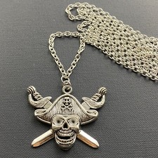 Tibetan Silver Skull Cross Bone Pirate Charm Pendant 45x34mm, 30" Chain Necklace