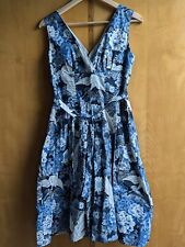 Women's dress, new, white cranes on blue, silver, 52 Greek Street Soho, Size L