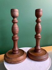Pair Candlestick Holders Wooden Rustic Natural Look 20.5cm Tall VGC Vintage