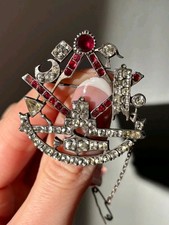 Freemasons Pierced Silver, Flat Cut Garnet & Paste Brooch, Masonic Symbols