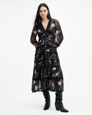 AllSaints Women's Floral Fit & Flare Midi Dress Black Size 12 