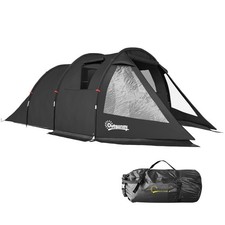 Outsunny 3-4 Persons Tunnel Tent, Two Room Camping Tent w/ Windows, Black