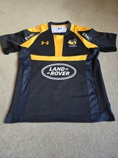Wasps 2015/16 Home Rugby Shirt Under Armour Black Short Sleeve Mens MD Signed 