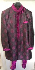 Full Men's Sherwani Indian Wedding Outfit + Trousers Attire Purple and Black