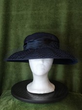 Vintage Navy Wide Brim Hat with Net Veil & Satin Bow • Wedding / Formal Occasion