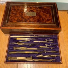 Antique Brass & Steel Drawing Instruments Set in Burr Walnut Brass Inlaid  Box