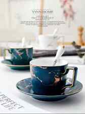 Set of 2 Coffee Tea cups and saucers blue with golden liners Luxury Ceramic