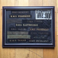 13 Vintage Navy Cap Tally Ribbons Framed Alongside An Old Photograph