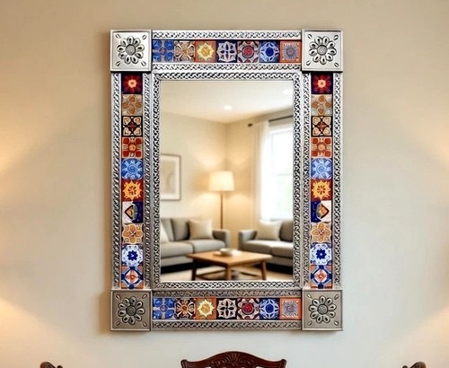 Mexican punched tin mirror - tin,