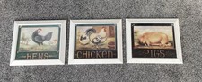 Framed Farmyard Prints Set Of 3 Pigs, Chicken And Hens Pictures Primitive Style