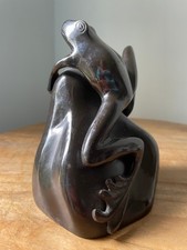 Vintage Philip Vanderlei cast Bronze Tree Frog on Rock Sculpture figurine 15 cm