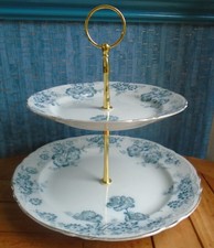 2 tier XL cake stand  made from antique white & green floral plates