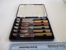 Vintage Retro Harlequin Faux Ceramic Handled Stainless Steel Tea Knife Set Boxed