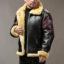 LEATHER JACKET MENS Winter B3 Bomber Shearling Windproof Outdoor Casual Coat Fur