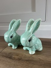 2 Vintage Pottery Flaxman Ware Wade Heath Green SnubNose Bunny Rabbit 305 15.5cm
