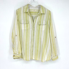 Charter Club Top Womens L Yellow Linen Striped Coastal Lightweight Preppy Yacht