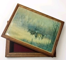 Vintage Deer Scene Wood Trinket Watch Jewelry Box Red Lined Dresser Hunting 