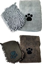 Brown/Grey Super Soft Absorbent Microfibre Pet Drying Dog Towel & Mitt Glove Set