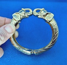 Gold Tone Metal Double Elephant Head Hinged Cuff Bangle Bracelet