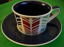 WHITTARD CHELSEA Cup & Saucer Set Colourful Handpainted Unusual Chevron Design