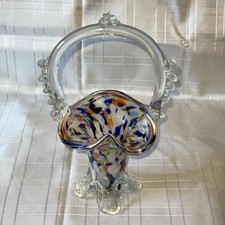 Vintage Murano Glass Basket. Multi Coloured Footed Centre Piece 11” Inches Tall