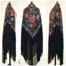 MANTON de MANILA SILK EMBROIDERED PIANO SHAWL W LONG FRINGE – 1920’s - GOOD ORD