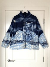 Vintage Damart Blue & White Wolf Fleece Jacket Hoodie Sherpa Animal Print 