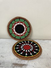 Vintage Round Beaded Place Dinner Mats x 2 Boho Tribal Pattern Leather Backs