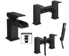 Bathroom Modern Waterfall Black Basin Sink Mono Square Mixer Tap Filler Waste