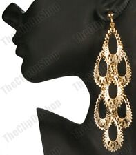 CLIP ON huge 5"long GOLD PLATED BIG CHANDELIER EARRINGS boho metal teardrops