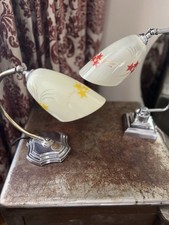 PAIR ART DECO CHROME LAMPS GLASS SHADES RARE