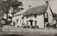 Crantock - the Old Albion pub - ship sign - people - morris minor van