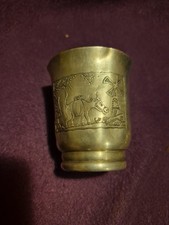 Vintage Embossed folk tale Pewter cup. Man with mule, and windmill Scene 8x7cm
