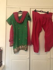 Asian Indian Soft silky Beautiful Green And Cerise Pink Patiala Salwar Kameez