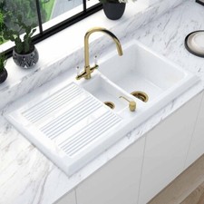 Astini Canterbury 150 1.5 Bowl Gloss White Ceramic Kitchen Sink & Gold Waste