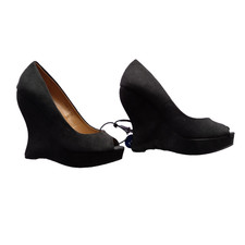 Black suede like wedge heeled