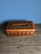 Vintage Wooden Tissue Box Dispenser Handmade Storage Box Engraved floral B & B  
