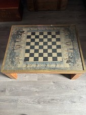 Vintage Coffee Table Chess Board with Glass Top With Brass Frame And Corners