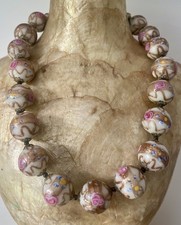 Vintage Italian White Pink Roses Venetian Glass Wedding Cake Bead Necklace 16"
