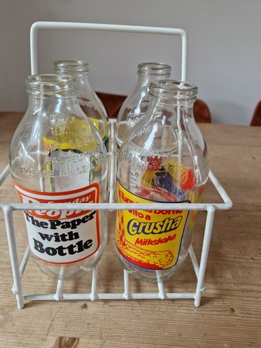 Milk bottles and holder - milk,